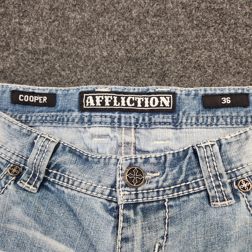 Affliction Cooper Mens Relaxed Straight Jeans Light Wash Distressed Blue Size 36 - Picture 9 of 11